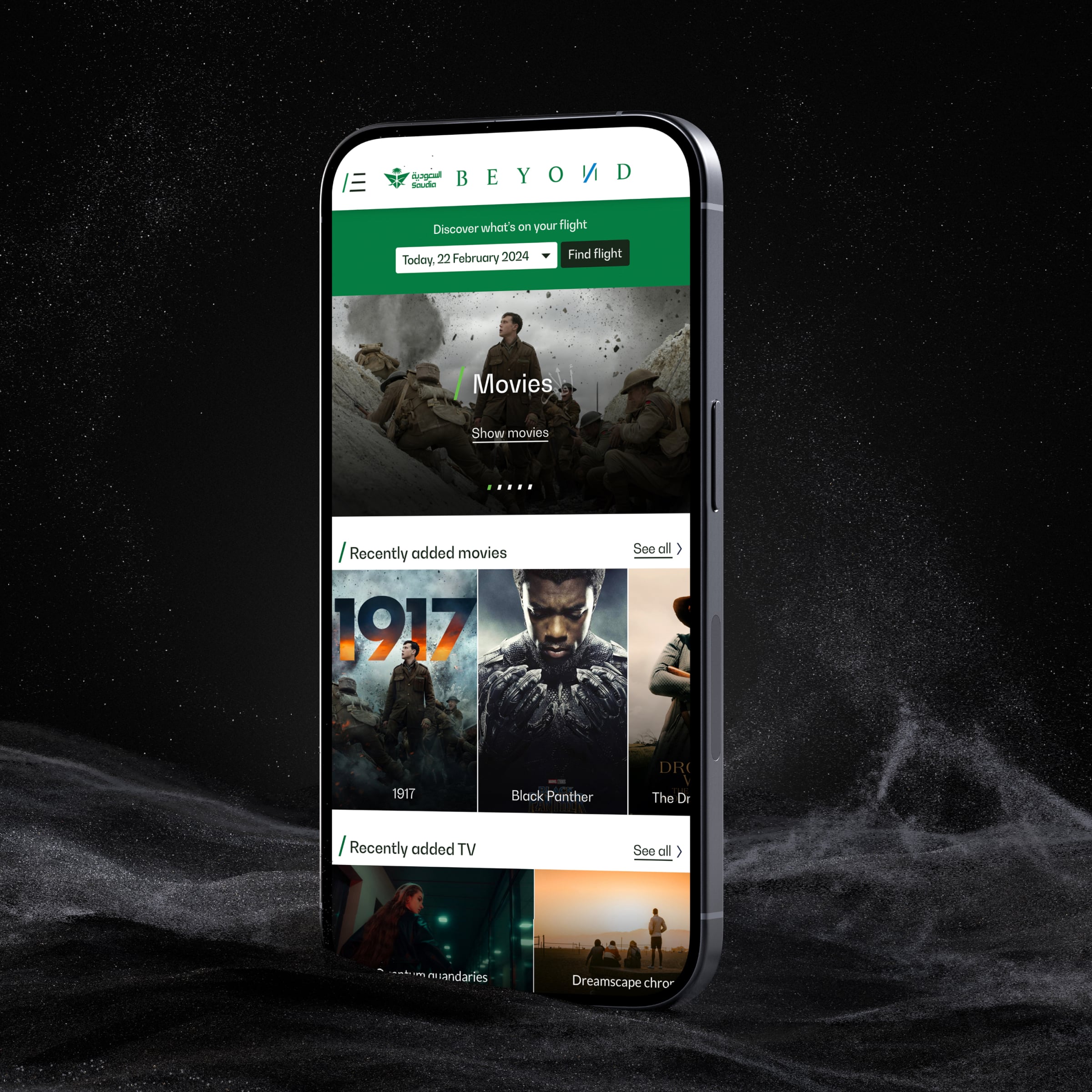 SaudiaBEYOND entertainment app on a phone